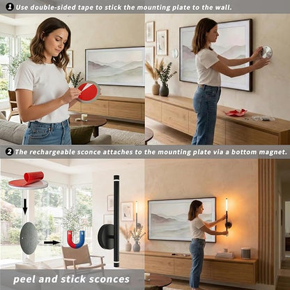 Battery Operated wall Sconce Set of Two Peel and Stick Cordless Wireless Rechargeable wall Lights Black Modern Decor with Remote Control for hallways Living Room Bedroom Bedside