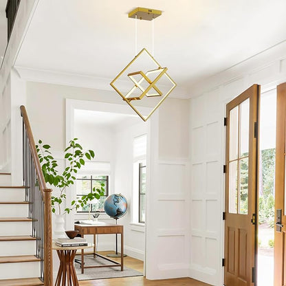Modern Gold LED Square Chandelier,Adjustable Geometric Pendant Light with Remote Dimmable 3000K–6000K,Contemporary Hanging Light Fixture for Kitchen Island,Dining Room,Living Room