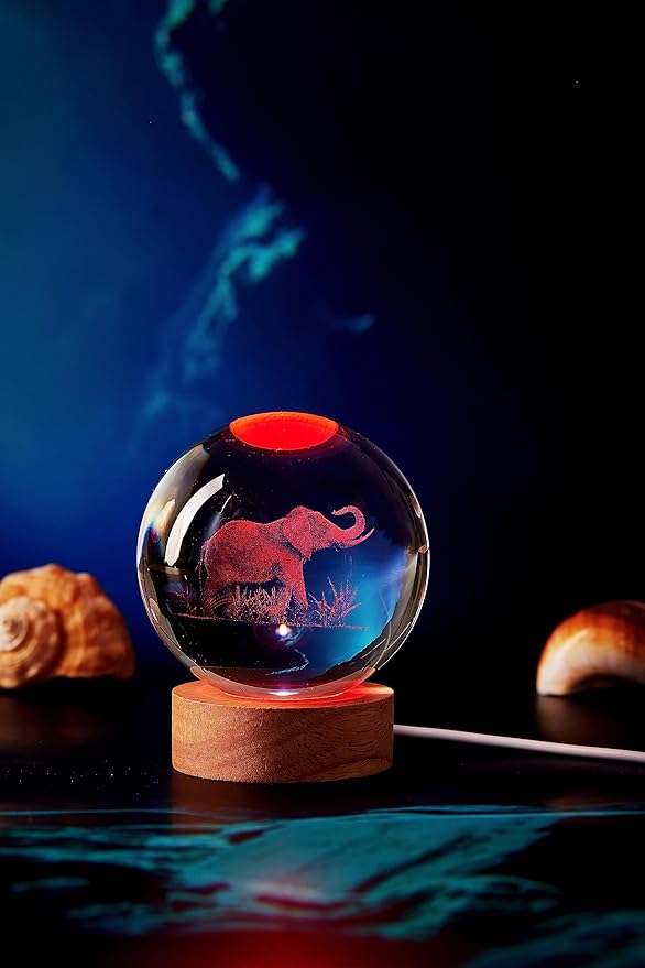 Elephant Crystal Ball Lamp, 3.15 inch, Night Light with Wooden LED Base, Glass Ball with USB, Remote Control, 16 Color Change, Gift Box
