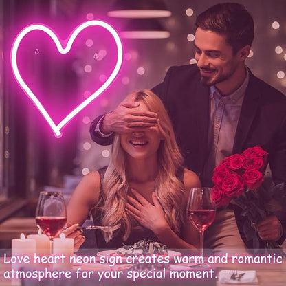 Pink Heart Neon Sign, Neon Heart Light for Wall Decor, Love Hearts LED Light up Sign 13.4×13 Inch Dimmable USB Powered Romantic Light Sign for Bedroom Valentine's Kids Room Wedding Party Decoration