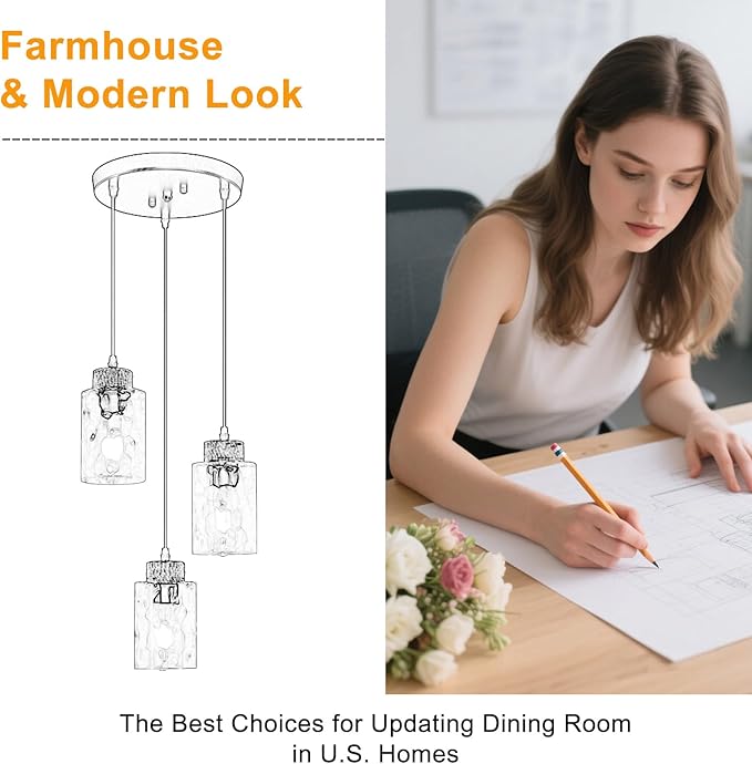 3-Light Pendant Light Fixtures, Black Pendant Lights Kitchen Island, Adjustable Pendant Lighting with Clear Hammered Glass Shade, Modern Hanging Light Fixtures for Dining Room, Hallway, Living Room