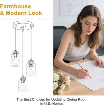 3-Light Pendant Light Fixtures, Black Pendant Lights Kitchen Island, Adjustable Pendant Lighting with Clear Hammered Glass Shade, Modern Hanging Light Fixtures for Dining Room, Hallway, Living Room