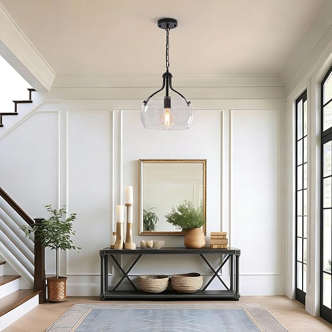 1-Lights Modern Pendant Lights Kitchen Island, Matte Black Pendant Light Fixtures with 11.8" Clear Glass Shade, Industrial Hanging Chandelier for Kitchen Entryway Bedroom Foyer