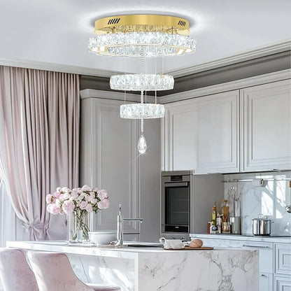 Flashing God Dia 20" Modern Crystal Chandeliers Dimmable Gold Chandelier LED Flush Mount Crystal Ceiling Light for Living Room Dining Room Bedroom
