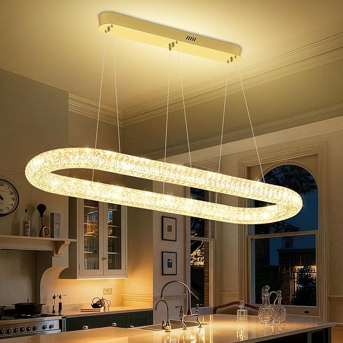 LED Crystal Ring Chandelier, 47.2'' Gold Crystal Ring Pendant Light for Kitchen Island Modern Linear Oval Chandeliers for Dining Room Dimmable 3000K-6000K