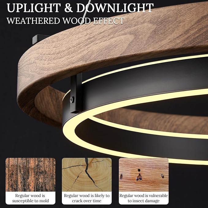 LED 2 Ring Chandelier Dimmable Up Down Light Black Chandelier Round Foyer Chandeliers Light Walnut Wood Black Circular Chandeliers for Dining Room Entry Bedroom Office Living Room