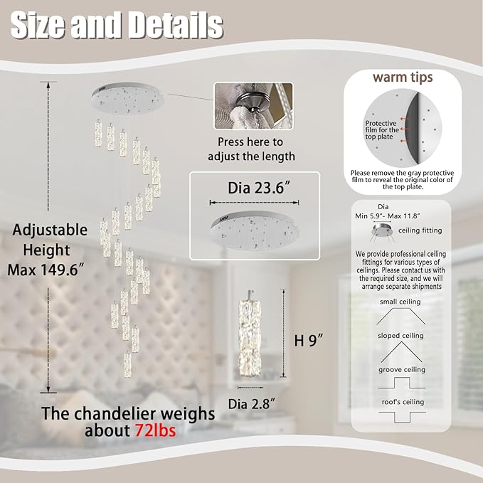 ykolupty H150in Modern Crystal Chandelier LED Dimmable Stairwell Chandelier High Ceiling Pendant Light for Stairs Entryway Living Room