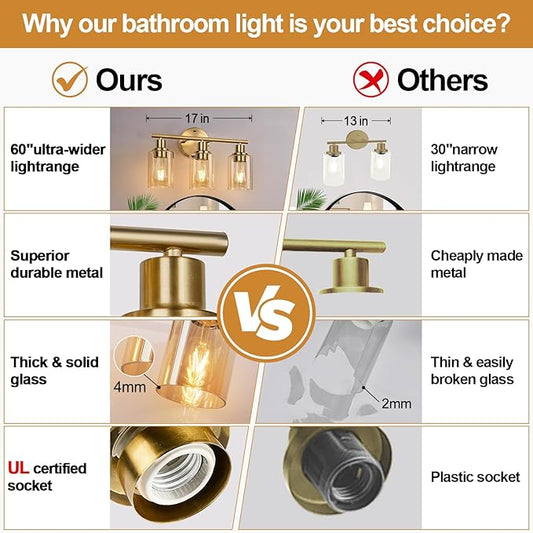 Zarbitta 3-Light Bathroom Light Fixtures, Brushed Gold Vanity Light, Farmhouse Wall Lights with Amber Glass Shades, Bathroom Wall Lamp for Mirror Kitchen Bedroom Hallway Living Room