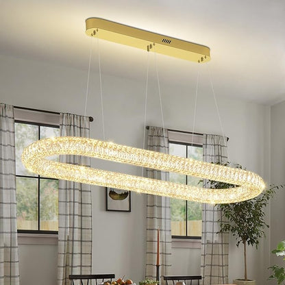 LED Crystal Ring Chandelier, 47.2'' Gold Crystal Ring Pendant Light for Kitchen Island Modern Linear Oval Chandeliers for Dining Room Dimmable 3000K-6000K