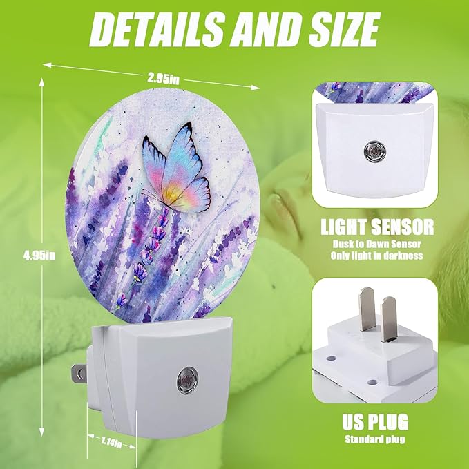 Lavender Flowers Night Light,Watercolor Butterfly Night Lights Plug into Wall for Kitchens Toilets Bedroom Decorative Half Round Nightlight Led Lamp 0.5W Sleep Friendly