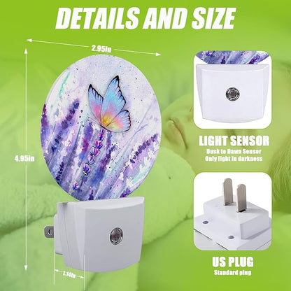 Lavender Flowers Night Light,Watercolor Butterfly Night Lights Plug into Wall for Kitchens Toilets Bedroom Decorative Half Round Nightlight Led Lamp 0.5W Sleep Friendly