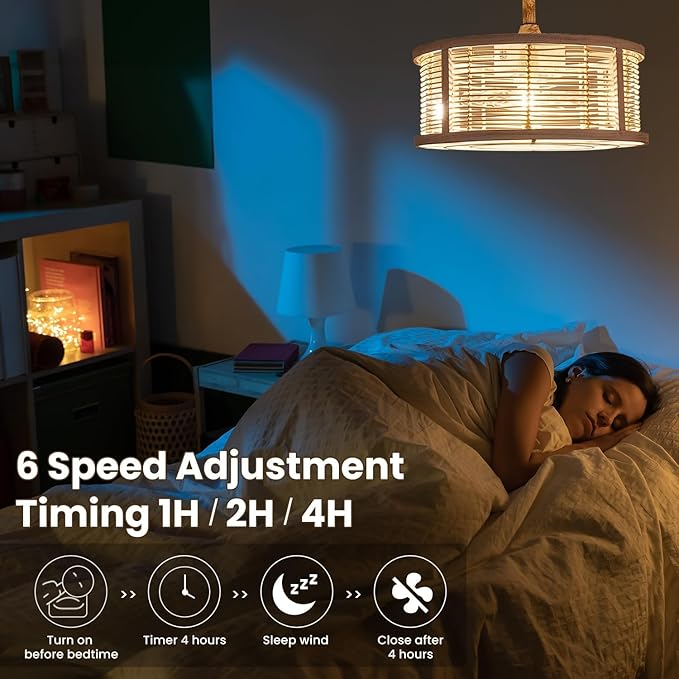 ainqiant 20 Inch Rattan Caged Ceiling Fan with Light, Boho White Fandelier Ceiling Fan with Lights and Remote, Enclosed 6 Speed for Bedroom Kitchen Dining Room