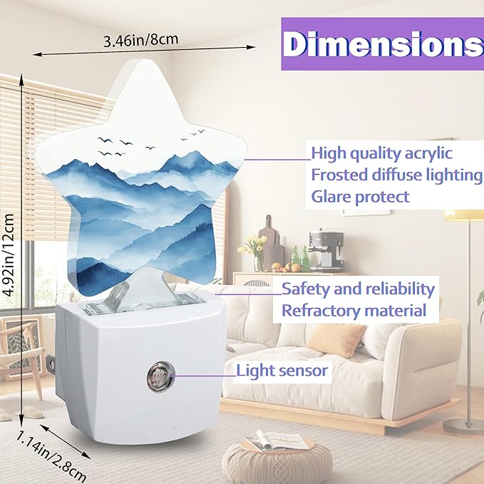 Night Lights Plug Into Wall Decorative,Watercolor Mountain Nightlights for Kids Bedroom, Blue Energy Efficient Dusk-to-Dawn Sensor Sleep Friendly Lamp for Nursery Bathroom