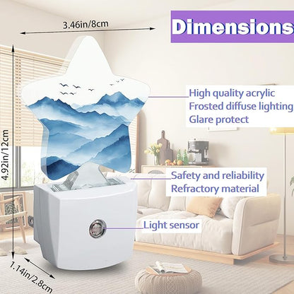 Night Lights Plug Into Wall Decorative,Watercolor Mountain Nightlights for Kids Bedroom, Blue Energy Efficient Dusk-to-Dawn Sensor Sleep Friendly Lamp for Nursery Bathroom