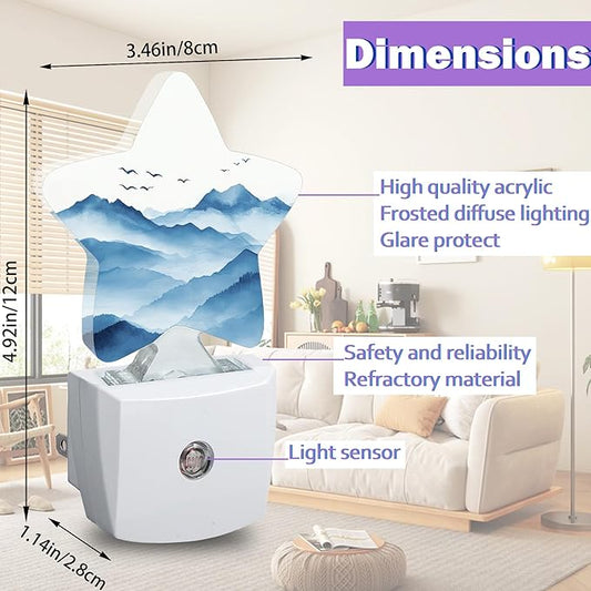 Night Lights Plug Into Wall Decorative,Watercolor Mountain Nightlights for Kids Bedroom, Blue Energy Efficient Dusk-to-Dawn Sensor Sleep Friendly Lamp for Nursery Bathroom