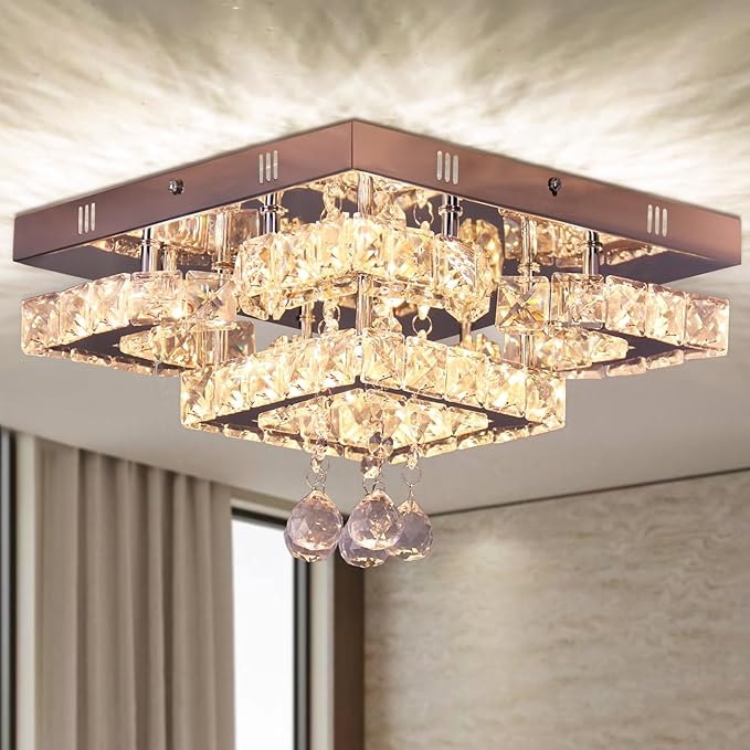 11.8" Modern Crystal Chandelier LED Ceiling Light Fixture Suitable for Kitchen Corridor Hallway Bedroom Bathroom Dining Room 4 Petals/Raindrop Ball Square Wall Switch （Warm Light）