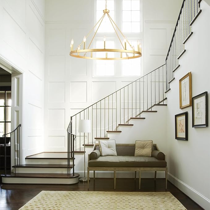 Gold Wagon Wheel Chandelier for Dining Room Light Fixture 12Light Gold Chandelier for Foyer 38inch 27-86" Height Adjustable Pendant Light for Flat Sloped Ceilings Dining Room Kitchen Island Entryway