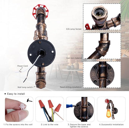 XEYOU Retro Wall lamp Vintage Industrial Steampunk Wall Sconce with Switch Metal Water Pipe Wall Mounted Light Fixture E26 Edison Bulb for Cafe Bar Restaurant Bedroom Livingroom