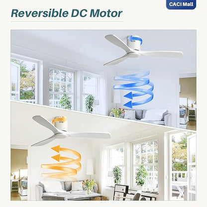 CACI Mall 52 Inch Smart Ceiling Fan without Light, Flush Mount, 3 Blades Solid Wood, Low Profile, Modern, Outdoor/Indoor Ceiling Fans No Light for Bedroom/Farmhouse/Patio