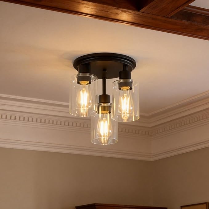 ROTTOGOON Semi Flush Mount Ceiling Light, Close to Ceiling Lights Fixtures, 3 Light Kitchen Ceiling Lights Fixtures with Glass Shades, Hallway Light Fixtures Ceiling Mount for Foyer, 9.9" x 13", Black