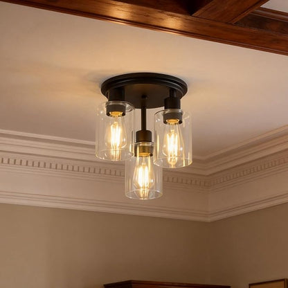 ROTTOGOON Semi Flush Mount Ceiling Light, Close to Ceiling Lights Fixtures, 3 Light Kitchen Ceiling Lights Fixtures with Glass Shades, Hallway Light Fixtures Ceiling Mount for Foyer, 9.9" x 13", Black