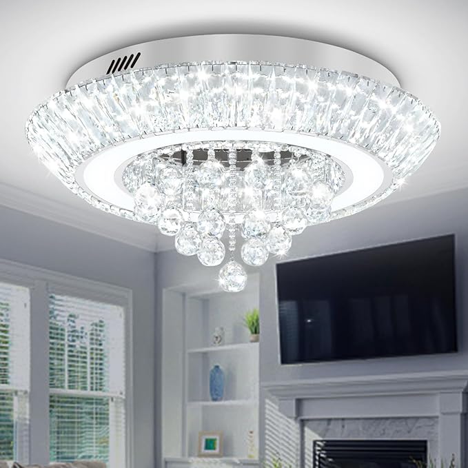 Modern Led Crystal Chandelier for Living Room Crystal Raindrop Chandeliers for Dining Room, Bedroom 24in Silver Flush Mount Chandelier Ceiling Light with Remote