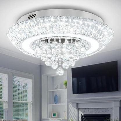 Modern Led Crystal Chandelier for Living Room Crystal Raindrop Chandeliers for Dining Room, Bedroom 24in Silver Flush Mount Chandelier Ceiling Light with Remote
