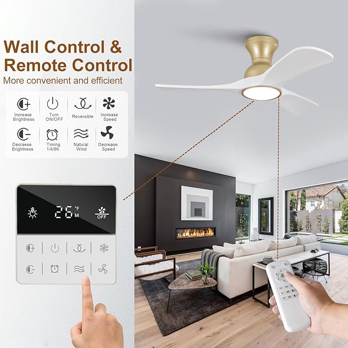 White Gold Ceiling Fans with Lights Flush Mount,36 inch Solid Wood,Remote Control,Wall Switch,Dimmable,Reversible,Power off Memory Modern Ceiling Fan for BedRoom Patio Indoor/Outdoor Use