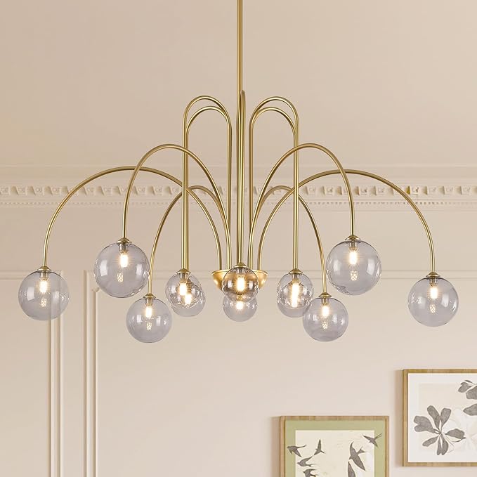 CATINER Gold Chandeliers 12 Lights Modern Sputnik Chandelier Large L52”Mid Century Ceiling Pendant Light Fixtures with Smoke Glass Globe Shades for High Ceiling Living Dining Room Foyer Staircase