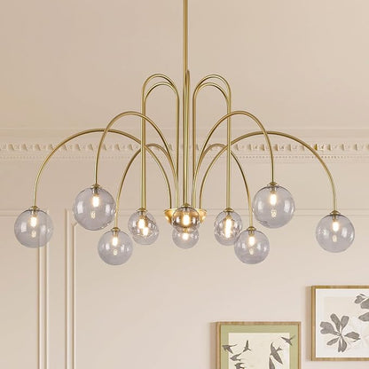 CATINER Gold Chandeliers 12 Lights Modern Sputnik Chandelier Large L52”Mid Century Ceiling Pendant Light Fixtures with Smoke Glass Globe Shades for High Ceiling Living Dining Room Foyer Staircase