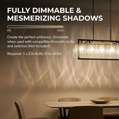 Modern Black Crystal Chandelier for Dining Room, 42" Hanging Light Fixture,Water Ripple Glass Design, Adjustable Height, Rectangle Chandelier for Living Room Kitchen Island