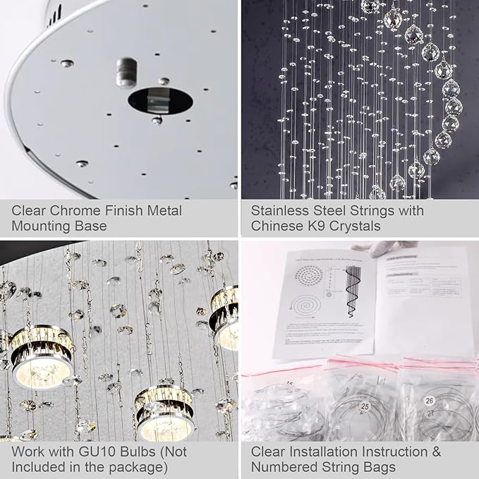 87-in Chandelier for High Ceiling, 6-Light Crystal Chandelier Spiral Design, Large Modern Ceiling Light for Stairs, Foyers, Living Rooms, Video Availablle for Easy Installation