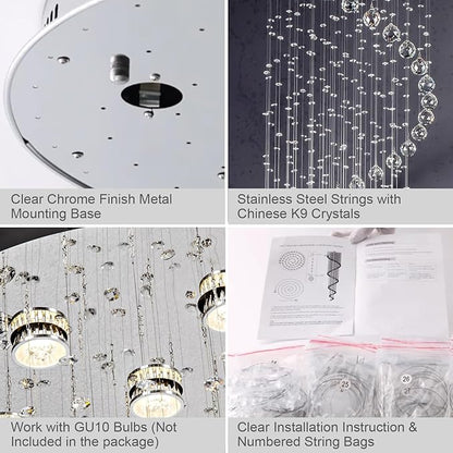 87-in Chandelier for High Ceiling, 6-Light Crystal Chandelier Spiral Design, Large Modern Ceiling Light for Stairs, Foyers, Living Rooms, Video Availablle for Easy Installation