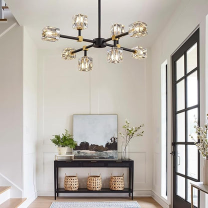 Black Sputnik Chandelier,Crystal Chandeliers with 8-Lights,Modern Semi Flush Mount Ceiling Light Fixture with Adjustable Height,Pendant Light Fixture for dining room,kitchen island,bedroom,living room