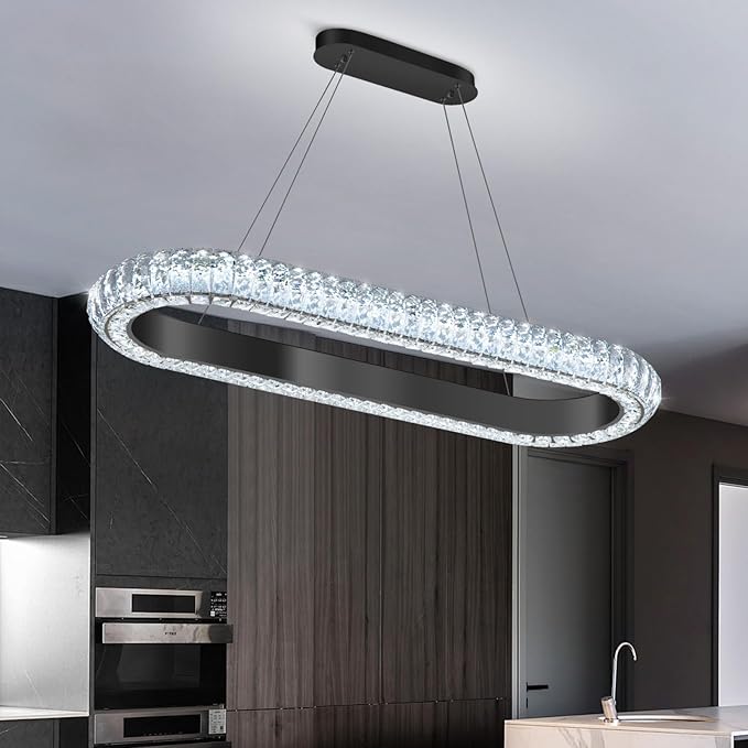 32'' Oval Ring Crystal Chandelier Modern LED Dimmable Ring Pendant Light Chandelier for Dining Room Living Room Black