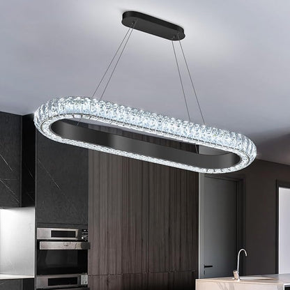 32'' Oval Ring Crystal Chandelier Modern LED Dimmable Ring Pendant Light Chandelier for Dining Room Living Room Black