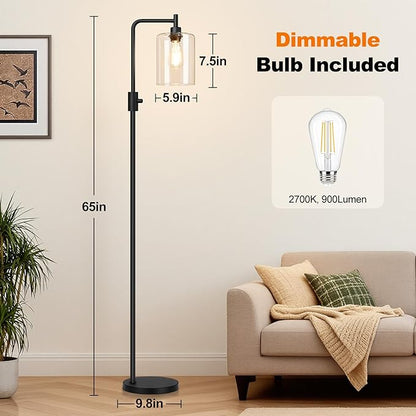 【Upgraded】Dimmable Floor Lamp for Living Room with Glass Shade, Black Modern Industrial Floor Lamp with 900LM LED Bulb Included, Bright Standing Tall Lamp for Bedroom, Office, Reading Room, Corner