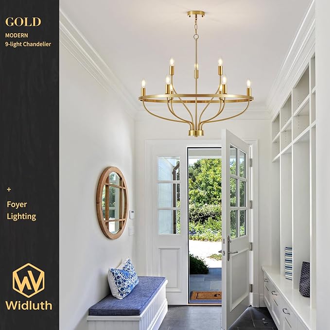 30" Modern Gold Chandelier Light Fixture Vintage 9-Lights Mid Century Modern Candle Style Chandeliers Rustic Industrial Golden Chandelier for Dining Room, Kitchen Island, Living Room, E12