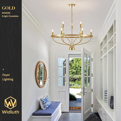 30" Modern Gold Chandelier Light Fixture Vintage 9-Lights Mid Century Modern Candle Style Chandeliers Rustic Industrial Golden Chandelier for Dining Room, Kitchen Island, Living Room, E12