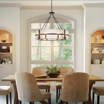 28" Black Glass Chandelier for Dining Room, 8-Light Modern Large Glass Drum Chandelier Dining Room Light Fixture Over Table, Hanging Pendant Light for High Ceiling Foyer Living Room