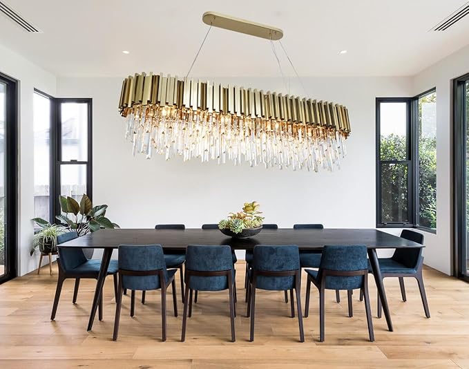 Gold Crystal Chandeliers Dining Room Rectangle L59'' Modern Crystal Chandelier Lighting 22 Light Contemporary Ceiling Light Fixture Chandelier Over Dining Table Golden Extra Large