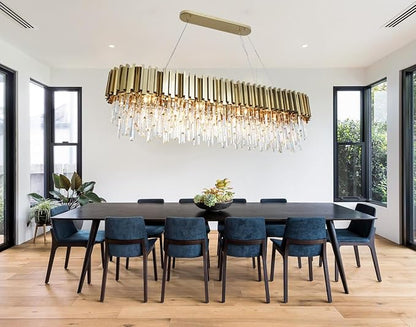 Gold Crystal Chandeliers Dining Room Rectangle L59'' Modern Crystal Chandelier Lighting 22 Light Contemporary Ceiling Light Fixture Chandelier Over Dining Table Golden Extra Large