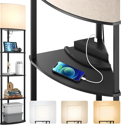 addlon 5-Tier Corner Shelf Floor Lamp with Type C, USB Port & 1 Power Outlet and 3CCT LED Bulb, Modern Display Lamp for Narrow Corner Bookshelf lamp for Living Room, Bedroom, Office - Black