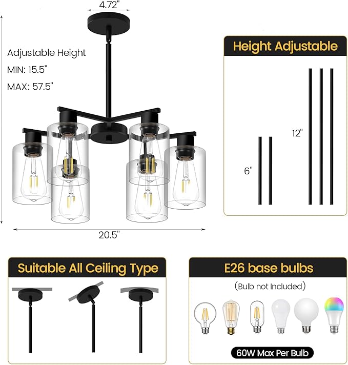 6-Light Modern Black Chandelier Farmhouse Dining Room Light Fixture with Clear Glass Shade Hanging Ceiling Pendant Lighting for Kitchen Island Living Room Hallway