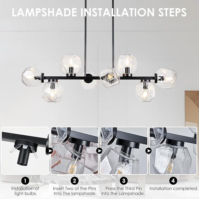 Jonsi Modern Linear Chandeliers 8 Light Clear Glass Dining Room Light Fixture 39"" Black Mid Century Chandelier Pendant Light for Living Room Kitchen Island