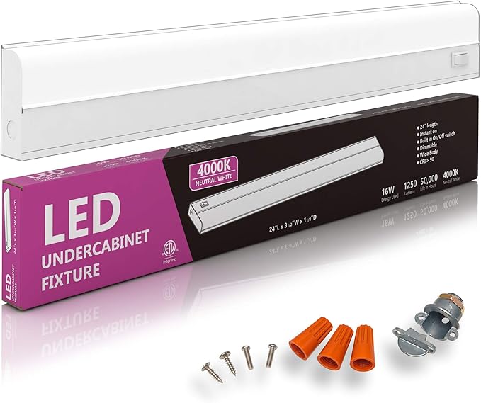 Hardwired LED Under Cabinet Task Lighting - 16 Watt, 24", Dimmable, CRI>90, 4000K (Cool White), Wide Body, Long Lasting Metal Base with Frost Lens
