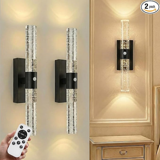 IRONPAX Wall Sconces Battery Operated Set of 2, Wireless Rechargeable Wall Sconce Set of Two, Dimmable Wall Lights with Remote for Bedroom Living Room Hallway Decor (Satin Black, Bubble Crystal)