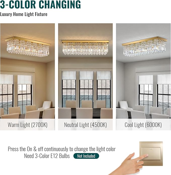 Siljoy 6-Light Modern Crystal Chandelier, Gold Rectangular K9 Crystal Raindrop Chandelier Flush Mount Ceiling Light Fixture for Dining Room Living Room Kitchen Island L31.5'' x W10'' x H10''