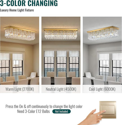 Siljoy 6-Light Modern Crystal Chandelier, Gold Rectangular K9 Crystal Raindrop Chandelier Flush Mount Ceiling Light Fixture for Dining Room Living Room Kitchen Island L31.5'' x W10'' x H10''