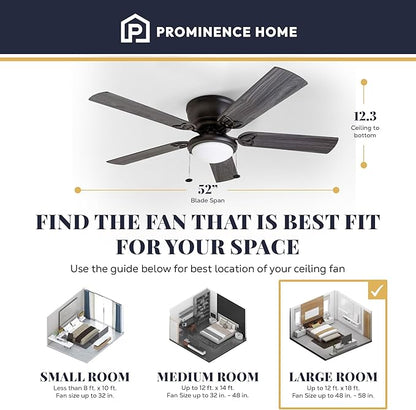 Prominence Home Benton Traditional 52 Inch Ceiling Fan with Light, LED Flush Mount Ceiling Fan, Indoor Fan with 5 Blades, Matte Black and Gray Cedar Blade Finish Options, Matte Black (50853-01)